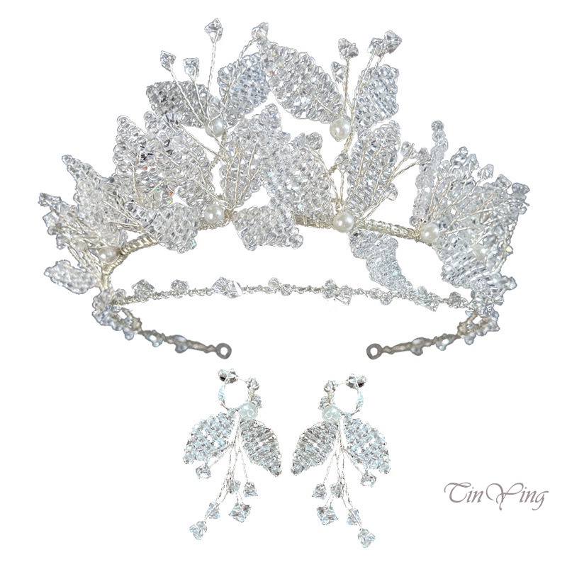 GETNOIVAS Set bông tai + băng đô hình vương miện đính ngọc trai giả thời trang cho nữ