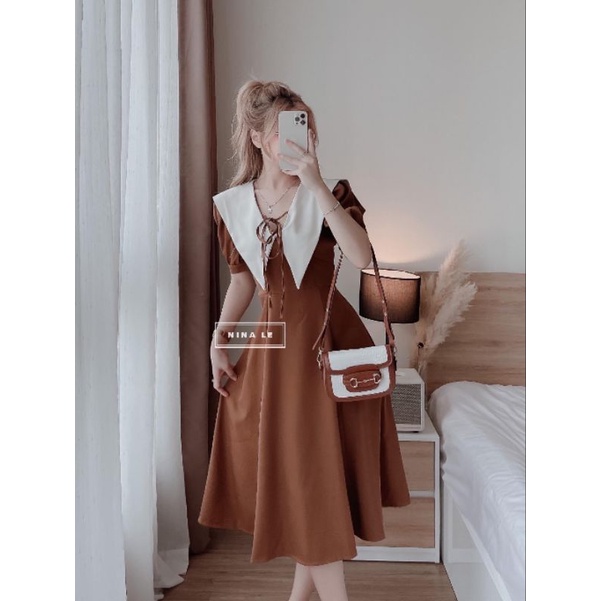 Váy thô cổ trắng dáng xòe nữ tính - Ảnh thật chụp sàn.
