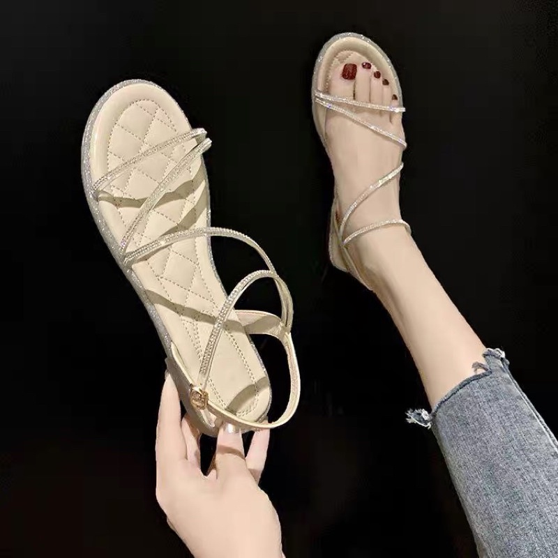 Dép sandal dây mảnh lấp lánh, đế bệt phong cách basic đơn giản thời trang dành cho nữ