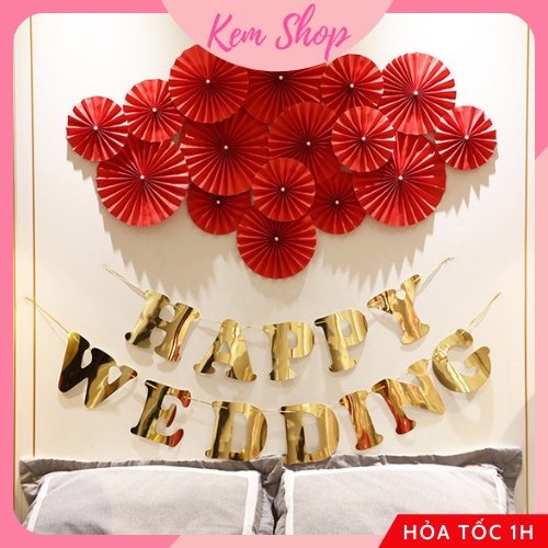 Set 6 quạt giấy đỏ Party Fan cao cấp Kem Shop trang trí đám cưới, lễ hội, Tết năm mới - K290
