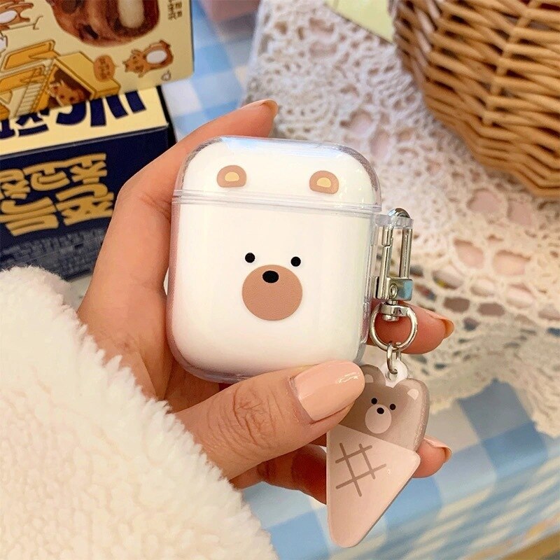 Airpod 1/2 / Pro Vỏ đựng tai nghe trong suốt màu xanh da trời Ban đêm bằng nhựa mềm Mặt dây chuyền Gấu hoạt hình dễ thương Airpods