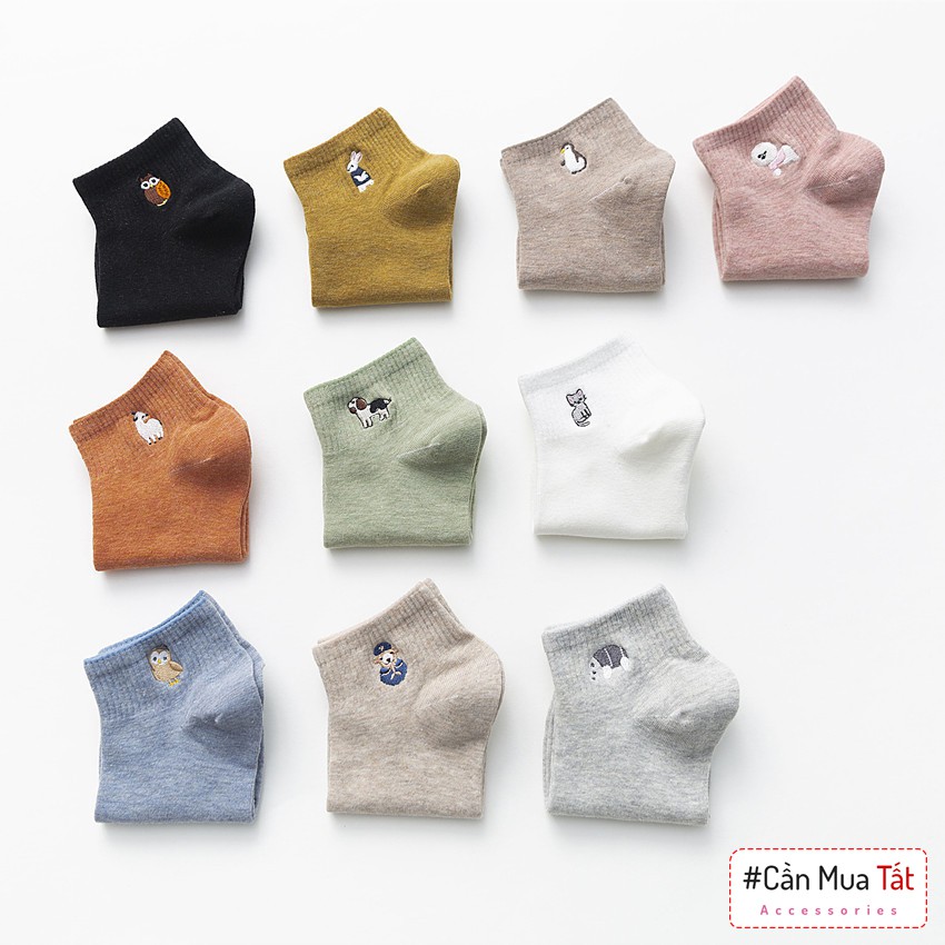 Tất nữ cotton cổ ngắn Hàn Quốc, vớ nữ ngắn cổ thêu hoạt hình đáng yêu