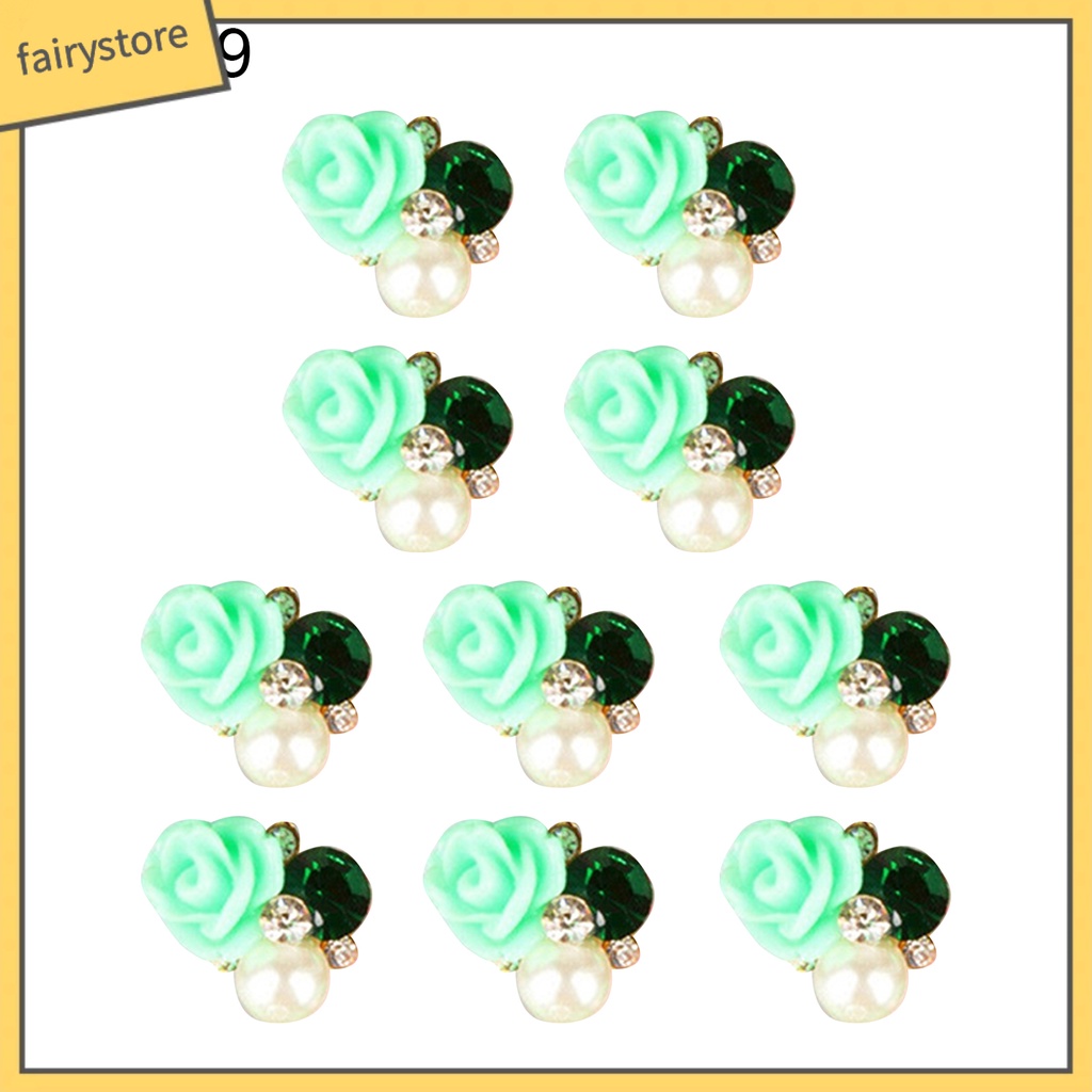 FS_10 Pcs 3D Rose Flower Nail Art Stickers Tips Studs Rhinestone Nail Decor Jewelry