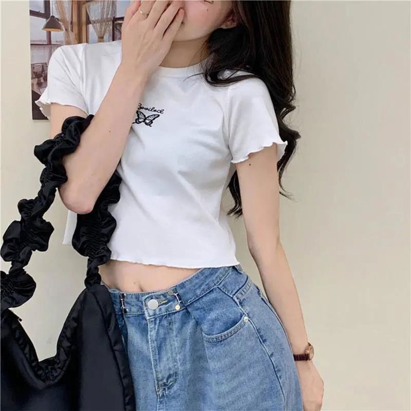Áo Thun Croptop Thêu Họa Tiết Bướm Dễ Thương Thời Trang Mùa Hè Cho Nữ