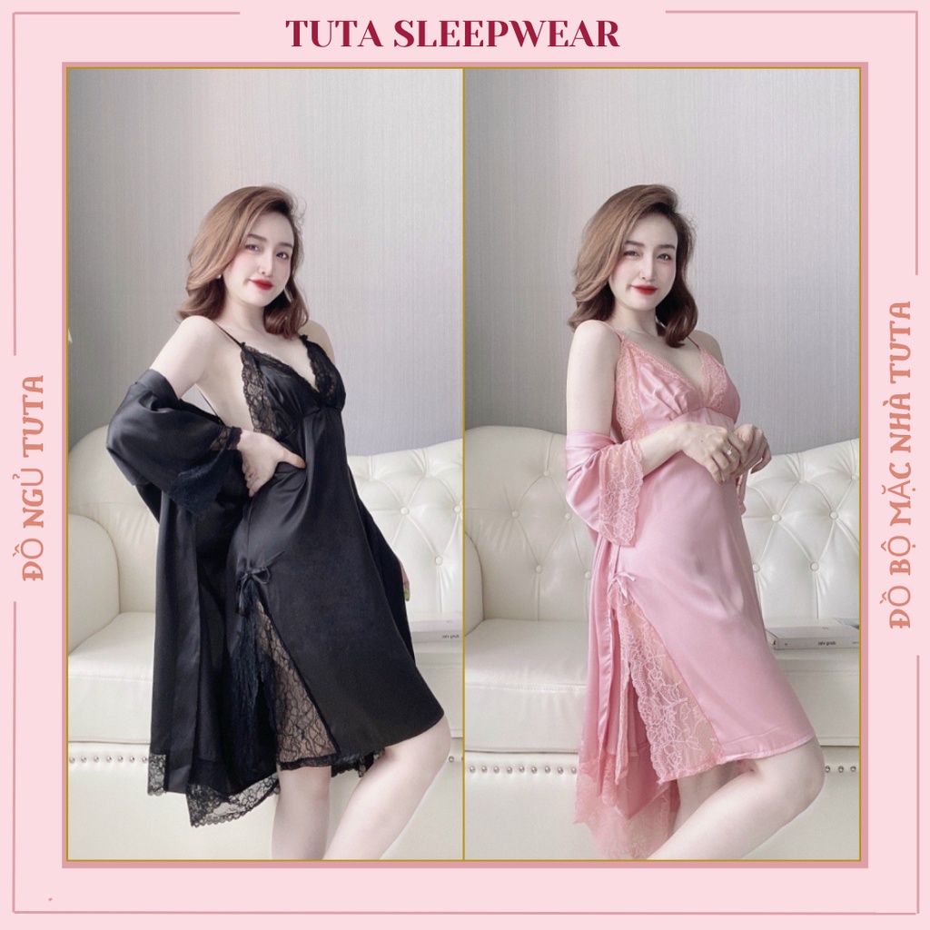 Combo Váy Ngủ Lụa Sexy Phối Ren Kèm Áo Choàng Ngủ Nữ (Tặng Quần Cùng Màu) Chất Liệu Cao Cấp.