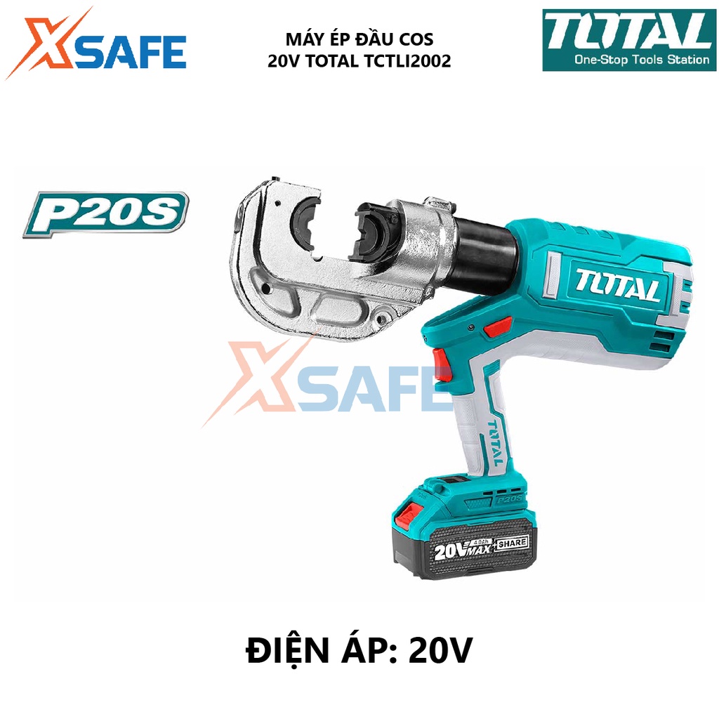 Máy ép đầu cos thủy lực TOTAL TCTLI2002 Máy ép cos kèm 2 pin Lithium-Ion 20V/4.0Ah, màn hình hiển thị số lượng sử dụng