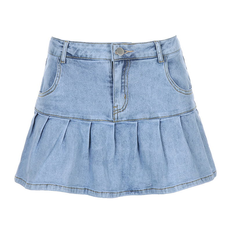 Ins Hot Women High Waist Plain Casual Street Denim Pleated Skirt | BigBuy360 - bigbuy360.vn