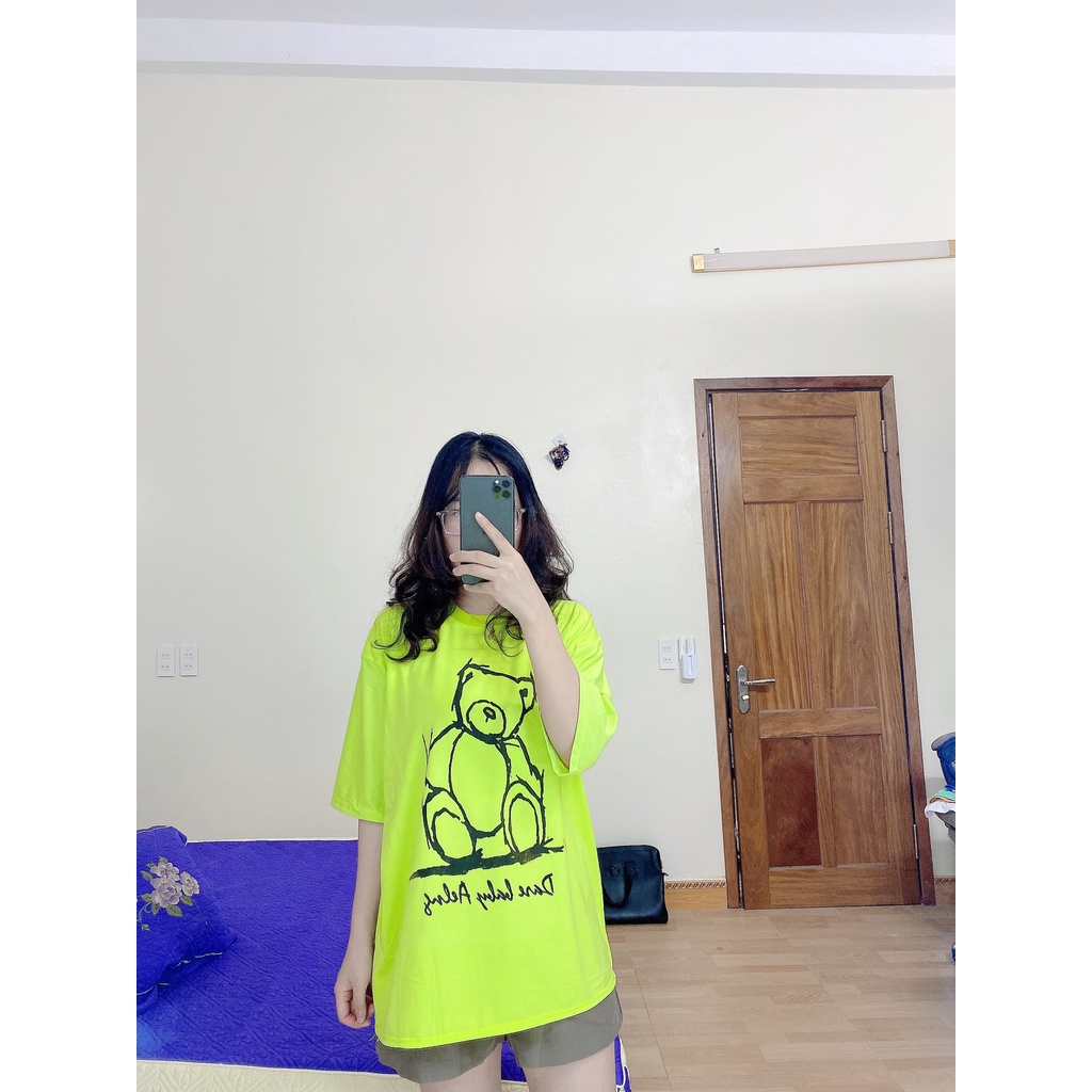 Áo phông, Áo thun unisex from rộng cổ tròn tay lỡ freesize 38-70kg - Gấu ngồi