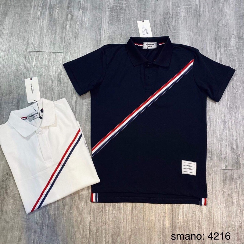 Áo Polo Nam Thom Browne Cổ Bẻ Chất Vải Cotton Thêu Vạch Chéo