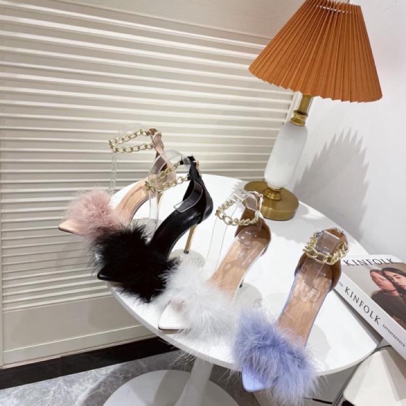 Sandal Cao Gót Nhọn 11 Phân Quai Dây Xích Phối Lông