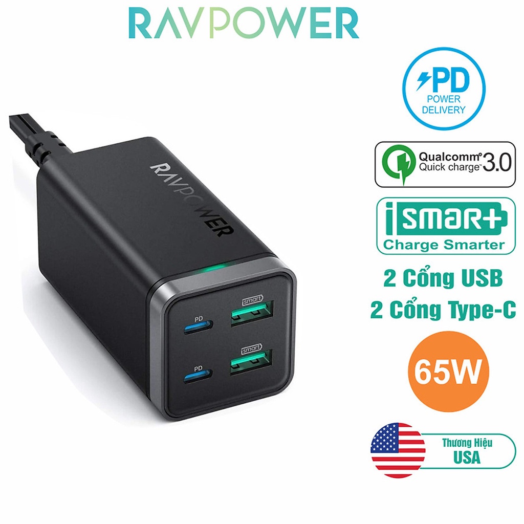 [Chính hãng] Sạc tường RAVPower RP-PC136 Type-C PD 65W QC 3.0 4 cổng 2C 2A