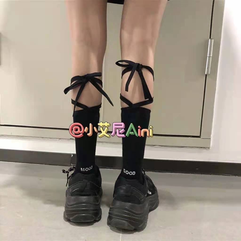 Tất dài ngang bắp chân phối dây chéo thủ công thời trang lolita phong cách Nhật Bản