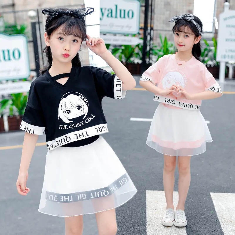 Bộ Áo Thun cotton Cổ Tròn + Quần Ống Rộng Thời Trang Cho Bé Gái 8-7-12 Tuổi 5-12 Tuổi