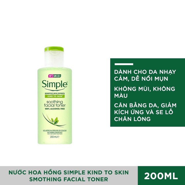 [HÀNG CHÍNH HÃNG] Nước Hoa Hồng Simple Kind To Skin Smothing Facial Toner 200ml