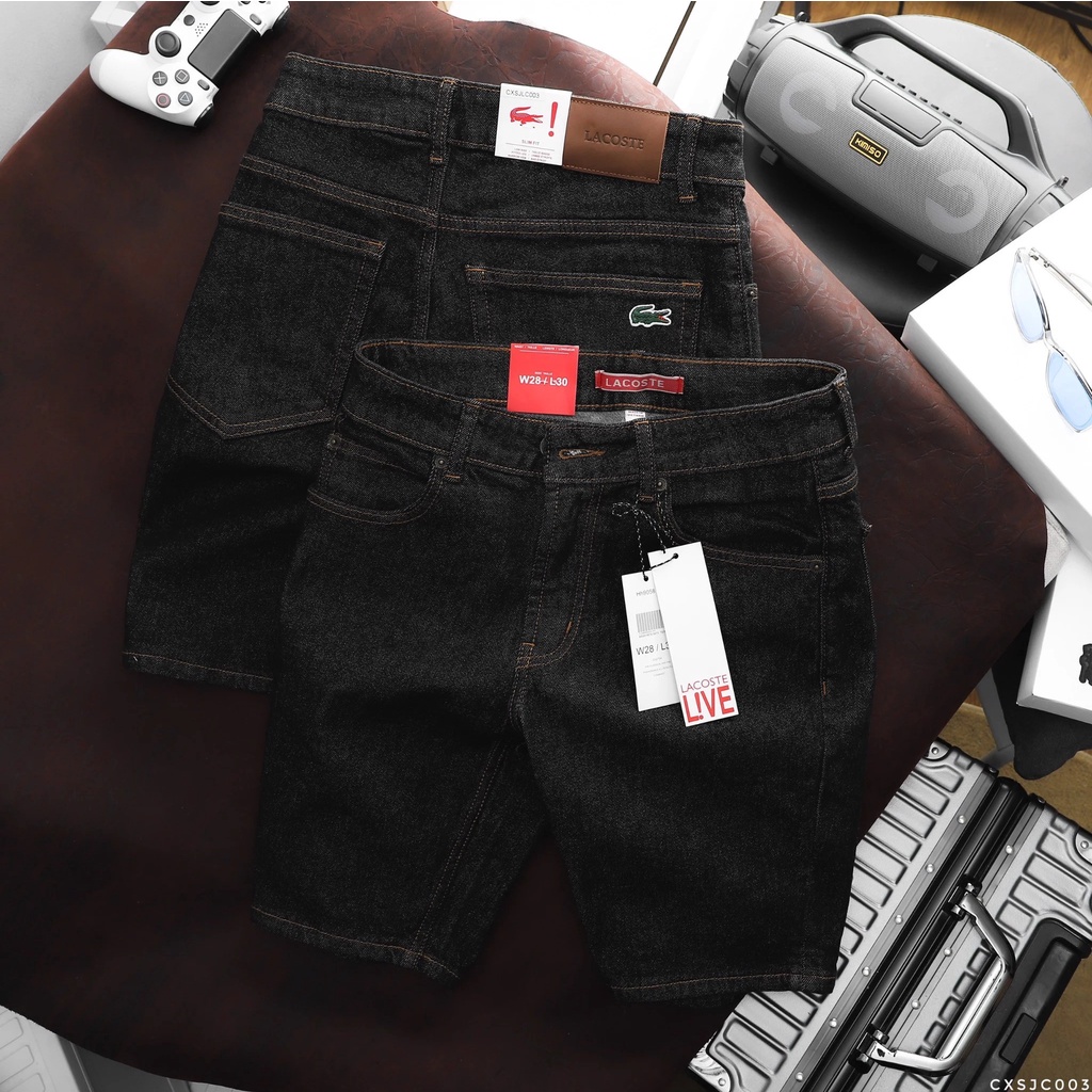 Quần Short Jean ĐEN MUỐI TIÊU nam LACOSTE XANH xịn logo cá sấu thêu 2 túi trước 2 túi sau CÓ BIG SIZE