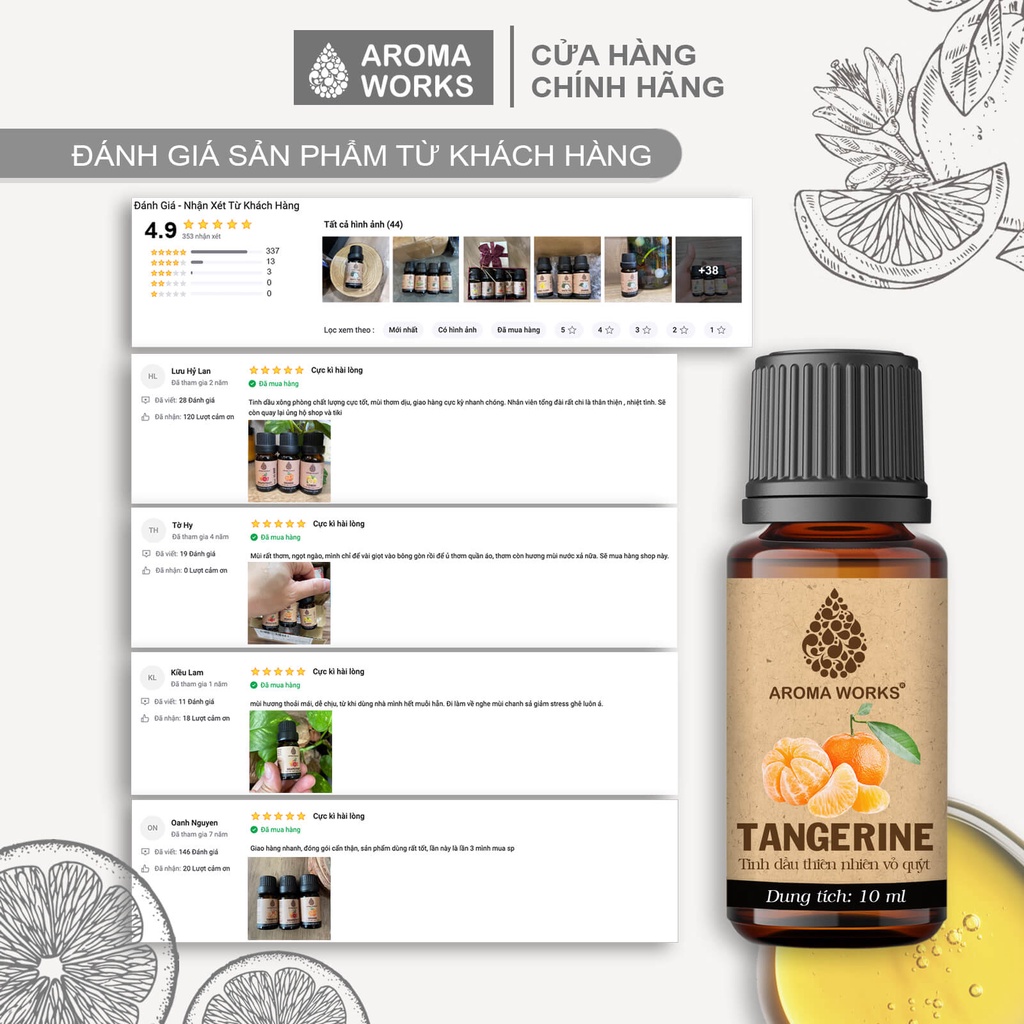 Tinh Dầu Quýt Aroma Works Thiên Nhiên Thơm Phòng, Khử Mùi, Giải Cảm, Đuổi Muỗi, Côn Trùng, Tăng Năng Lượng - Tangerine