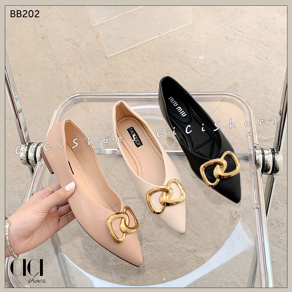 Giày búp bê nữ CiCi Shoes, giầy da lì mũi nhọn khoá đồng xoắn - BB202