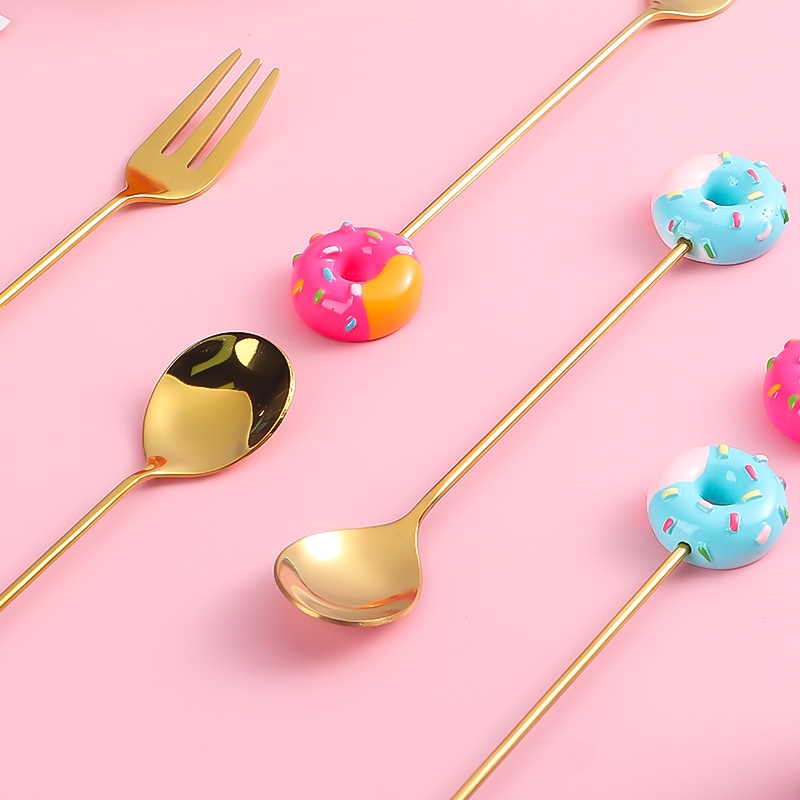 Bộ Muỗng Nĩa Ăn Tráng Miệng Hình Bánh donut Dễ Thương Cho Bé