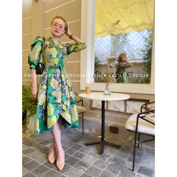 Julia dress by cecilia váy thiết kế gấm lụa tafta xanh lá floral green - ảnh sản phẩm 6