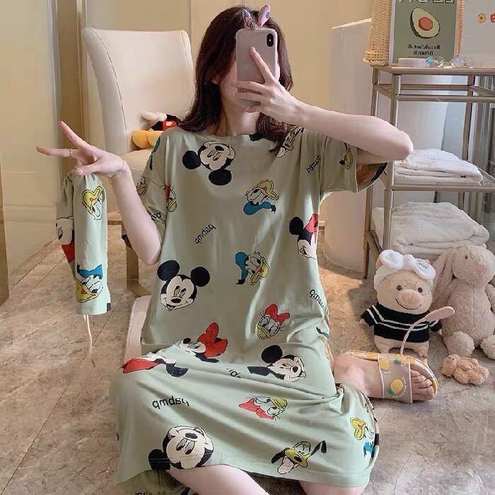 Váy ngủ nữ/ Váy cotton mặc ở nhà in hình siêu cute dáng dài tặng kèm túi dây rút