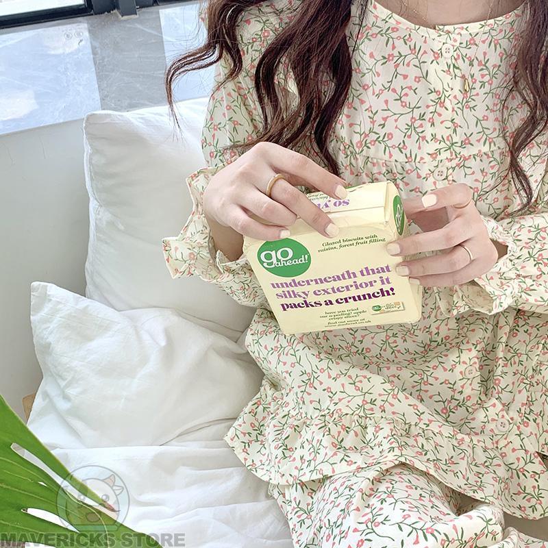 Bộ Đồ Ngủ Tay Dài Phối Bèo In Hoa Phong Cách Hàn Quốc Xinh Xắn Cho Nữ