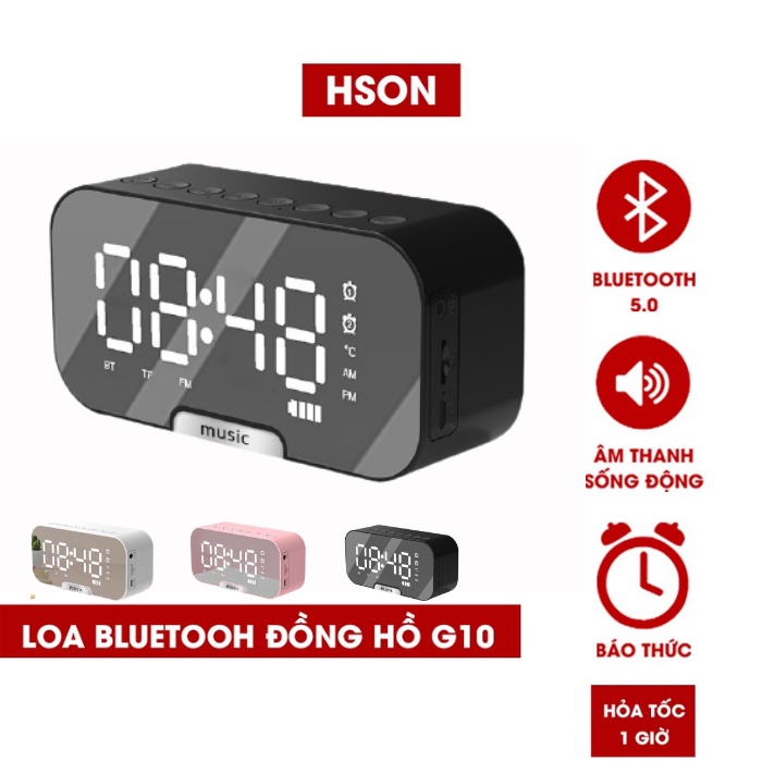 Loa đồng hồ bluetooth G10 cao cấp, loa nghe nhạc HSON kiêm báo thức, đài FM màn hình led tráng gương