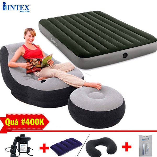 Bộ combo ghế hơi tựa lưng và đệm đơn INTEX tặng kèm bơm điện + gối hơi + bộ vá