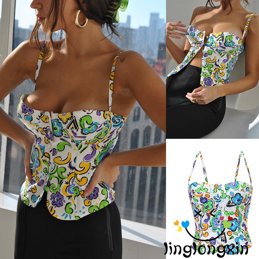 Áo Croptop 2 Dây Không Tay Hở Lưng In Hoa Hoạt Hình Thời Trang Thường Ngày Cho Nữ