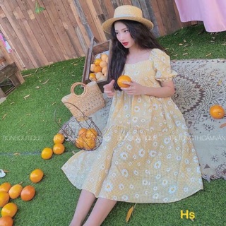 Váy babydoll hoa cúc tay phồng cổ vuông dài tới gối bầu bí mặc ok