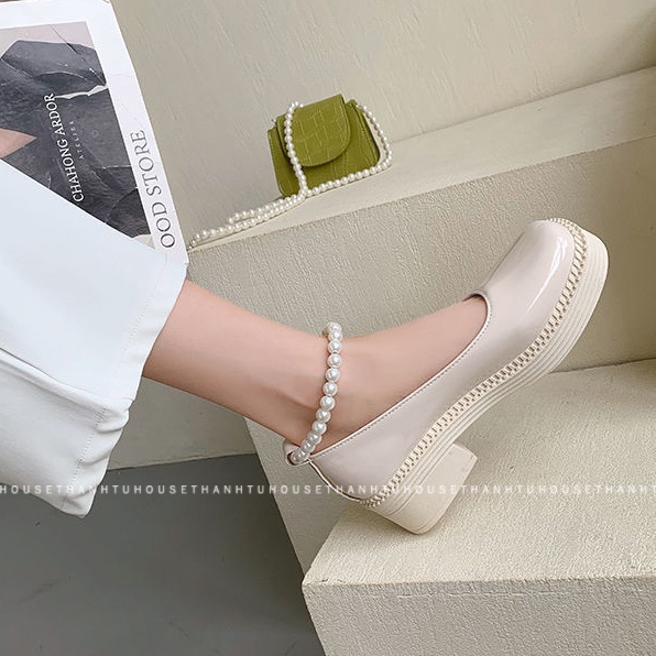 Giày Mary Jane Da Bóng Mũi Vuông Phối Quai Ngọc Ulzzang - GD021