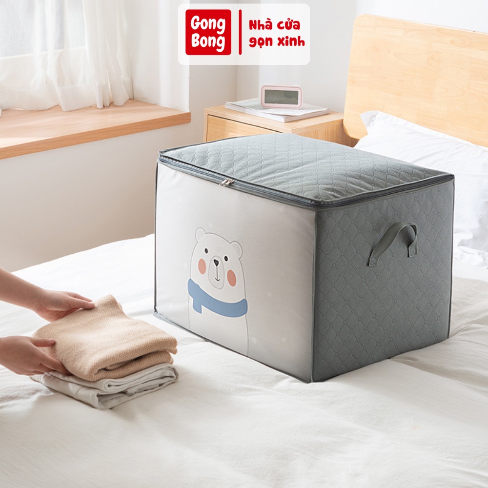 Túi vải đựng chăn màn quần áo có nắp khóa túi xám hình gấu trắng đeo khăn chống ẩm gấp gọn đa năng họa tiết dễ thương
