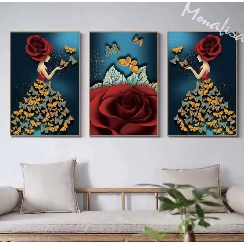 Tranh thêu kín 3 bức Hươu tài lộc - 126x58cm (tranh chưa thêu)