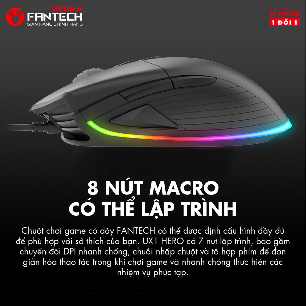 Chuột Gaming Có Dây Fantech UX1 HERO 16000DPI LED RGB 16,8 Triệu Màu 8 Phím Macro - Hãng Phân Phối Chính Thức