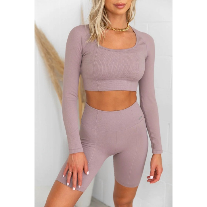 Đồ tập gym yoga thể thao nữ, set bộ dệt kim áo crop dài tay quần đùi ngố lưng cao gen bụng Bin Sports BL030