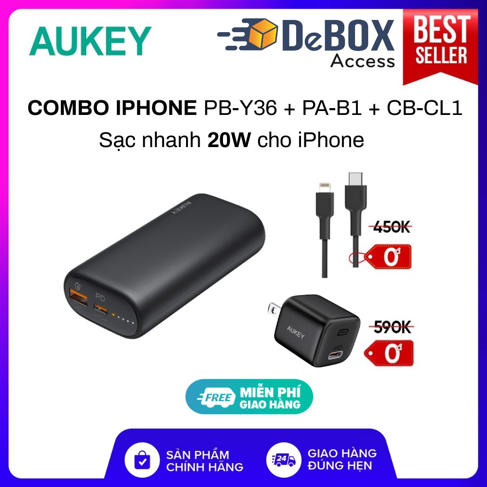 Combo AUKEY sạc 10.000mAh PB-Y36 PD 18W, Cốc Omnia PA-B1 20W, Cáp C To Lightning CB-CL1 PD 22.5W