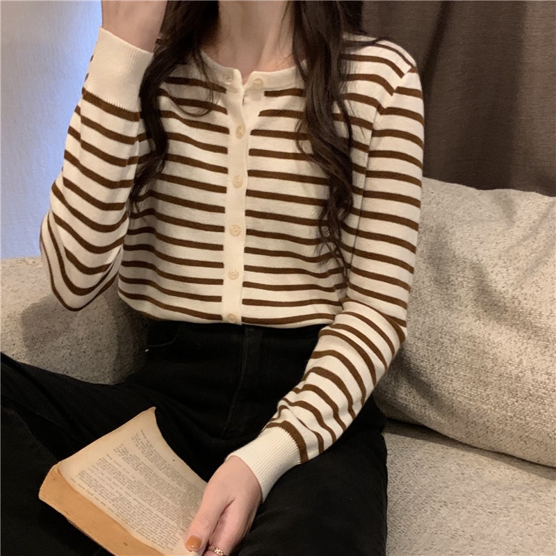 Áo Khoác Cardigan Dệt Kim Dáng Rộng Họa Tiết Kẻ Sọc Thời Trang Xuân Thu Phong Cách Hàn Quốc Mới Cho Nữ