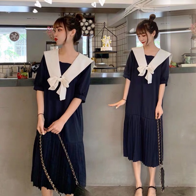 (Order) bigsize L-4XL Đầm cổ thuỷ thủ cách điệu phối nơ dáng dài, chân xếp li ullzang 2019