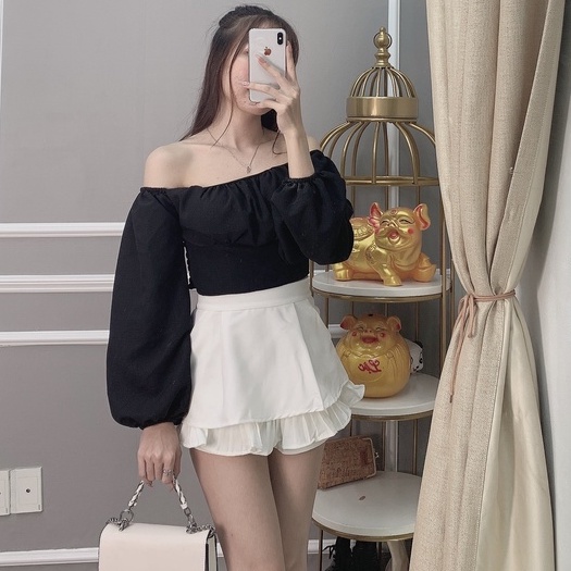 áo croptop nữ dài tay 2022, áo quảng châu nữ áo kiểu trễ vai tay phồng ôm body có mút ngực