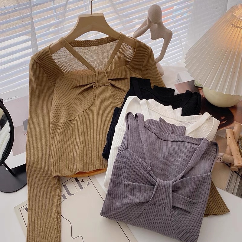 áo len dệt kim nơ ngực (56310#)