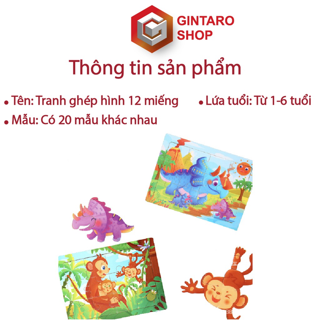 Bộ xếp hình 12 miếng puzzle cho bé , Đồ chơi xếp hình giúp bé phát triển tư duy từ nhỏ GINTARO SHOP