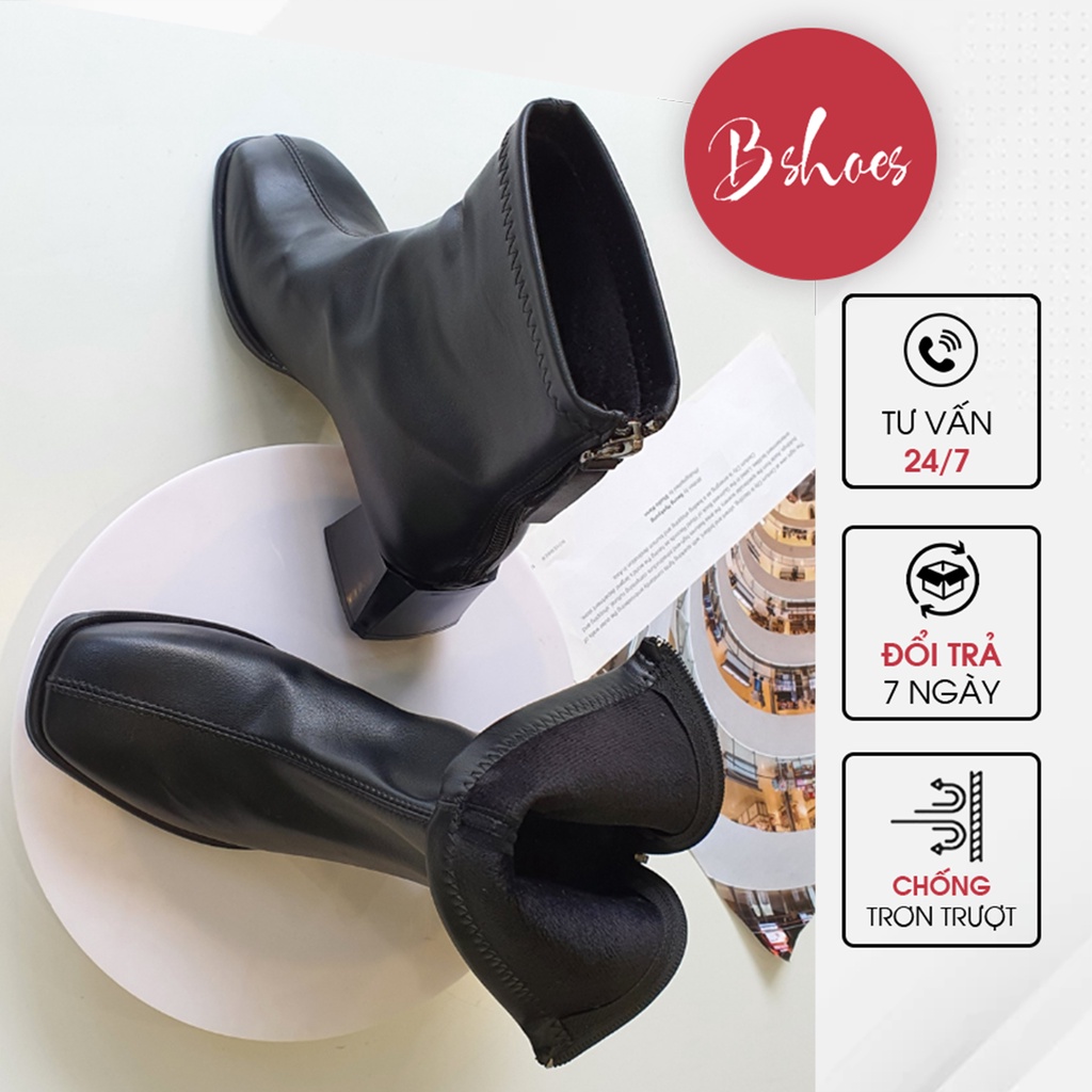 Giày Boot Nữ Da Mềm 2021 B SHOES Thấp Cổ Lót Nỉ Khóa Sau Mũi Vuông - B23