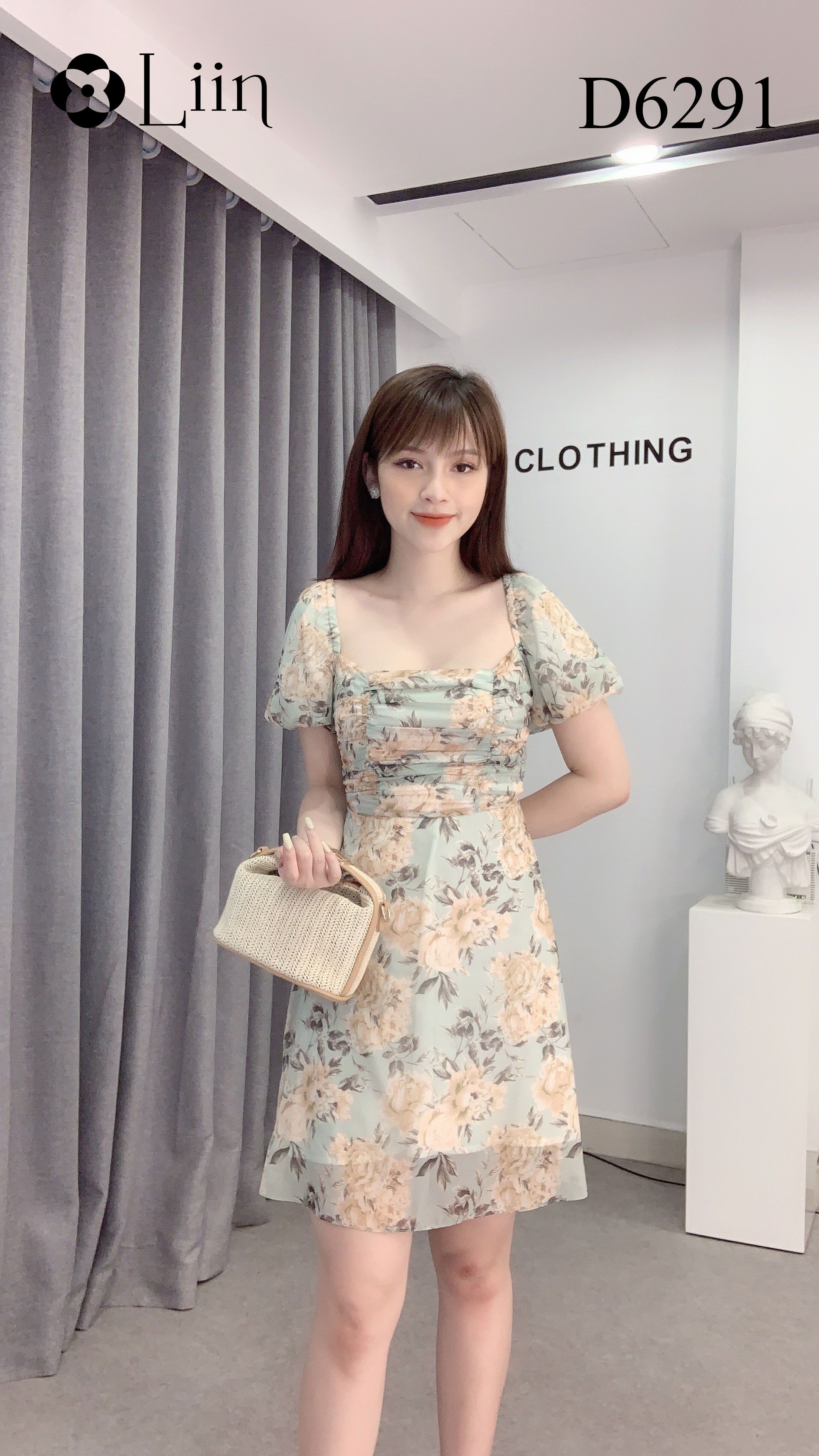 Đầm ôm nữ Linbi họa tiết hoa xanh, vai bồng xinh xắn liin clothing D6291 | BigBuy360 - bigbuy360.vn