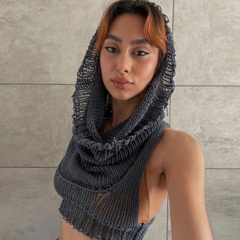 Áo Croptop Dệt Kim Sát Nách Có Mũ Trùm Kiểu Harajuku Đường Phố Cá Tính Cho Nữ