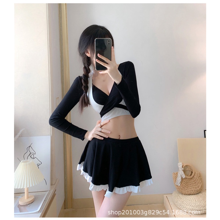 Bikini dài tay 2 mảnh đồ bơi đi biển bigsize kín đáo sexy Hàn Quốc cạp cao nâng ngực váy hở lưng 8405 DK8T103
