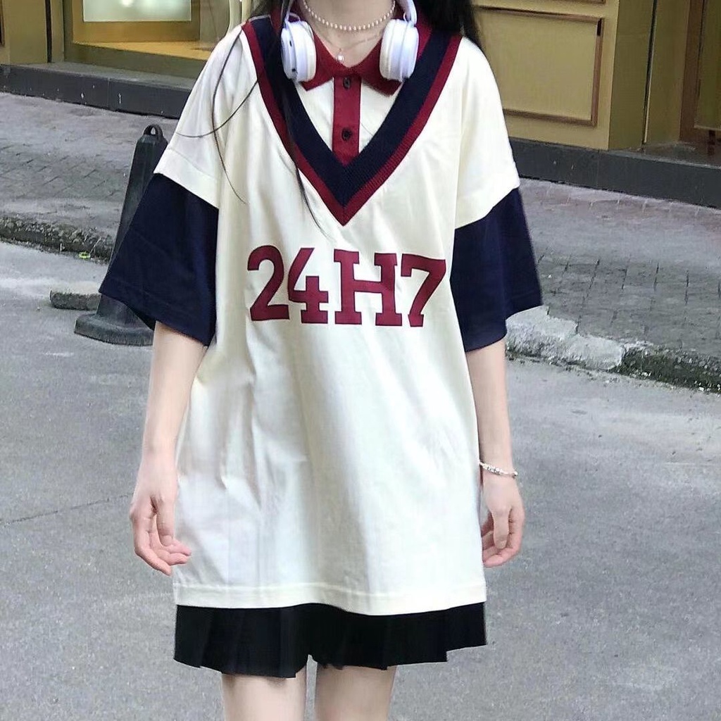 Set Áo Thun Ngắn Tay Cổ Bẻ + Chân Váy Đen Xếp Ly Phong Cách Vintage Nữ Tính