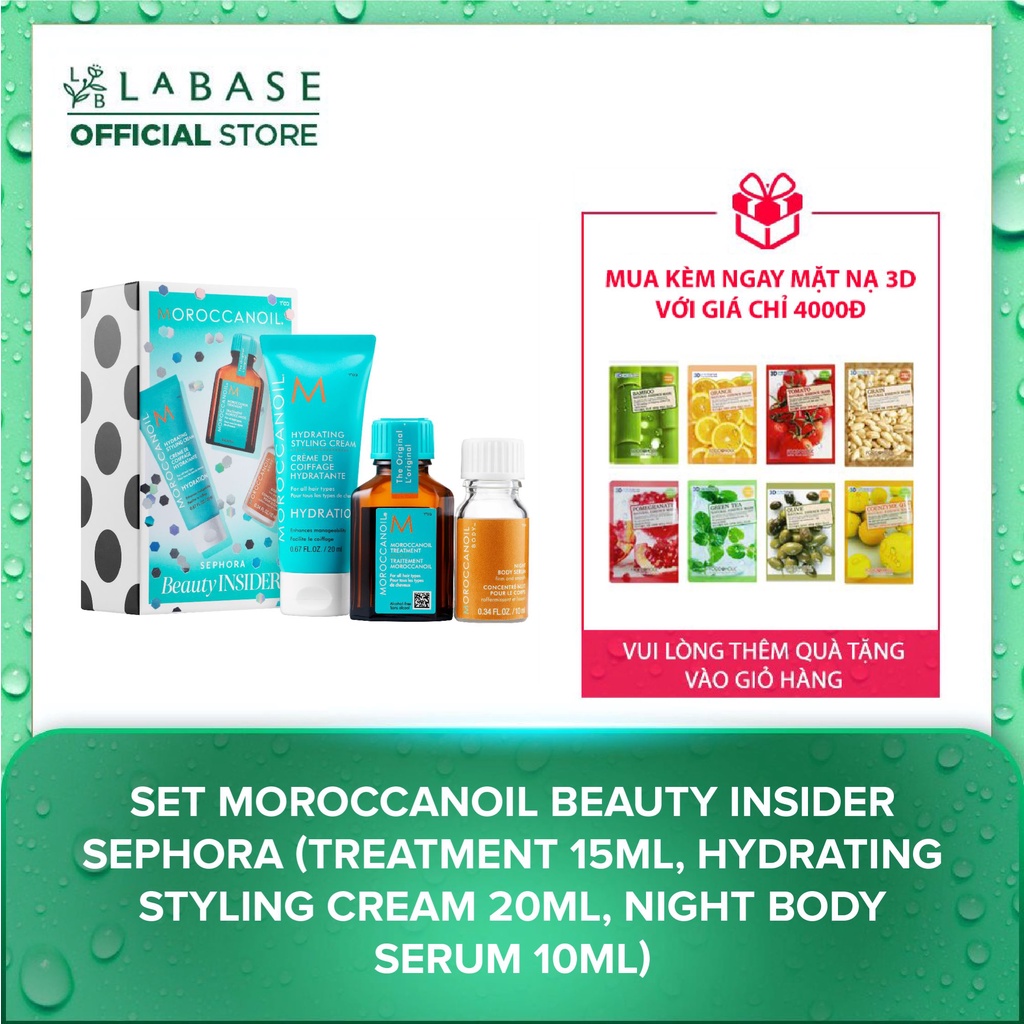 Set dưỡng tóc Moroccanoil Beauty Insider Sephora (Treatment 15ml, Hydrating Styling Cream 20ml, Night Body Serum 10ml)