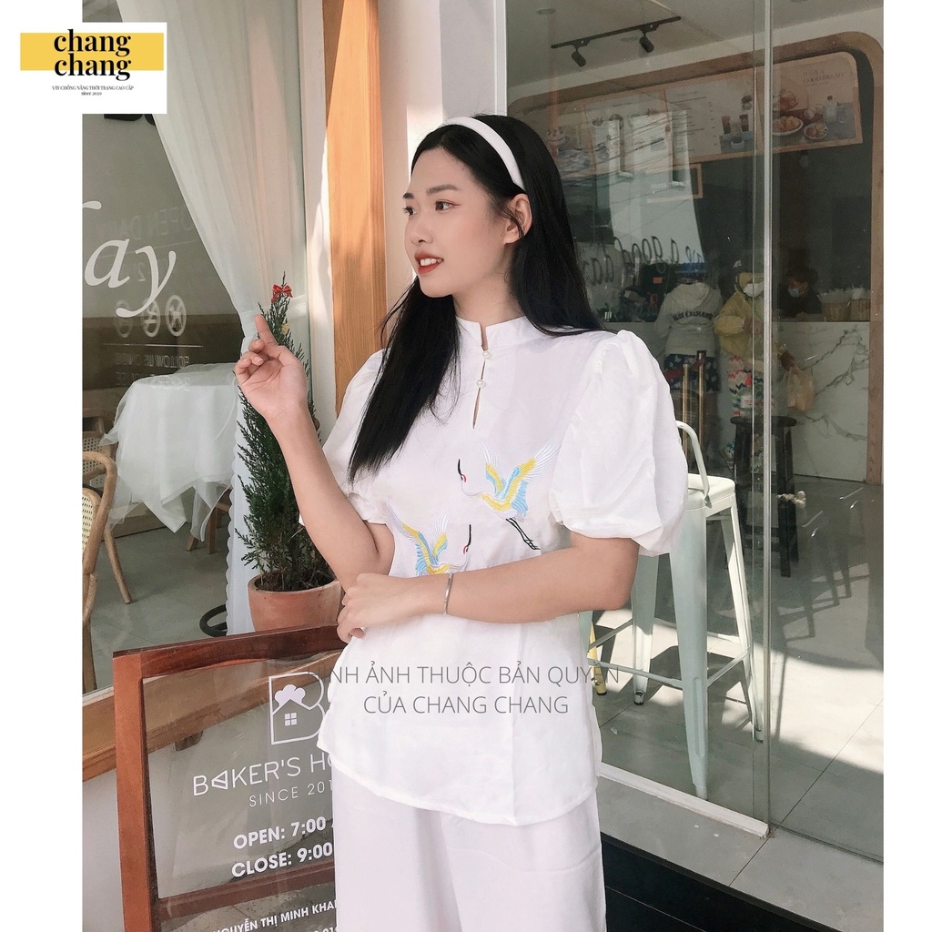 Đồ Lam, Đồ Bộ Đi Chùa Nữ Thêu Hạc Sắc Nét Tay Bí Trẻ Trung - Màu Trắng | Chang Chang