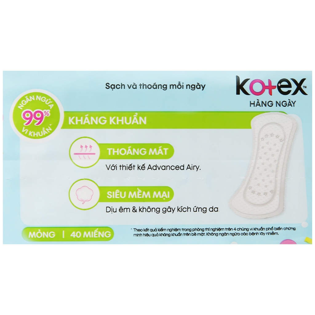 Băng vệ sinh Kotex Hàng ngày Kháng khuẩn Siêu bảo vệ 40s
