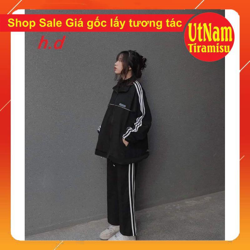 Sét bộ nữ bộ ba sọc logo ngực trắng + quần ba rot form thụng unisex giá rẻ