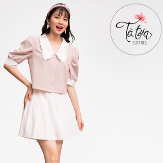 Tà Tưa Clothes Set Áo sơ mi caro hồng, cổ trắng bèo, tay phồng